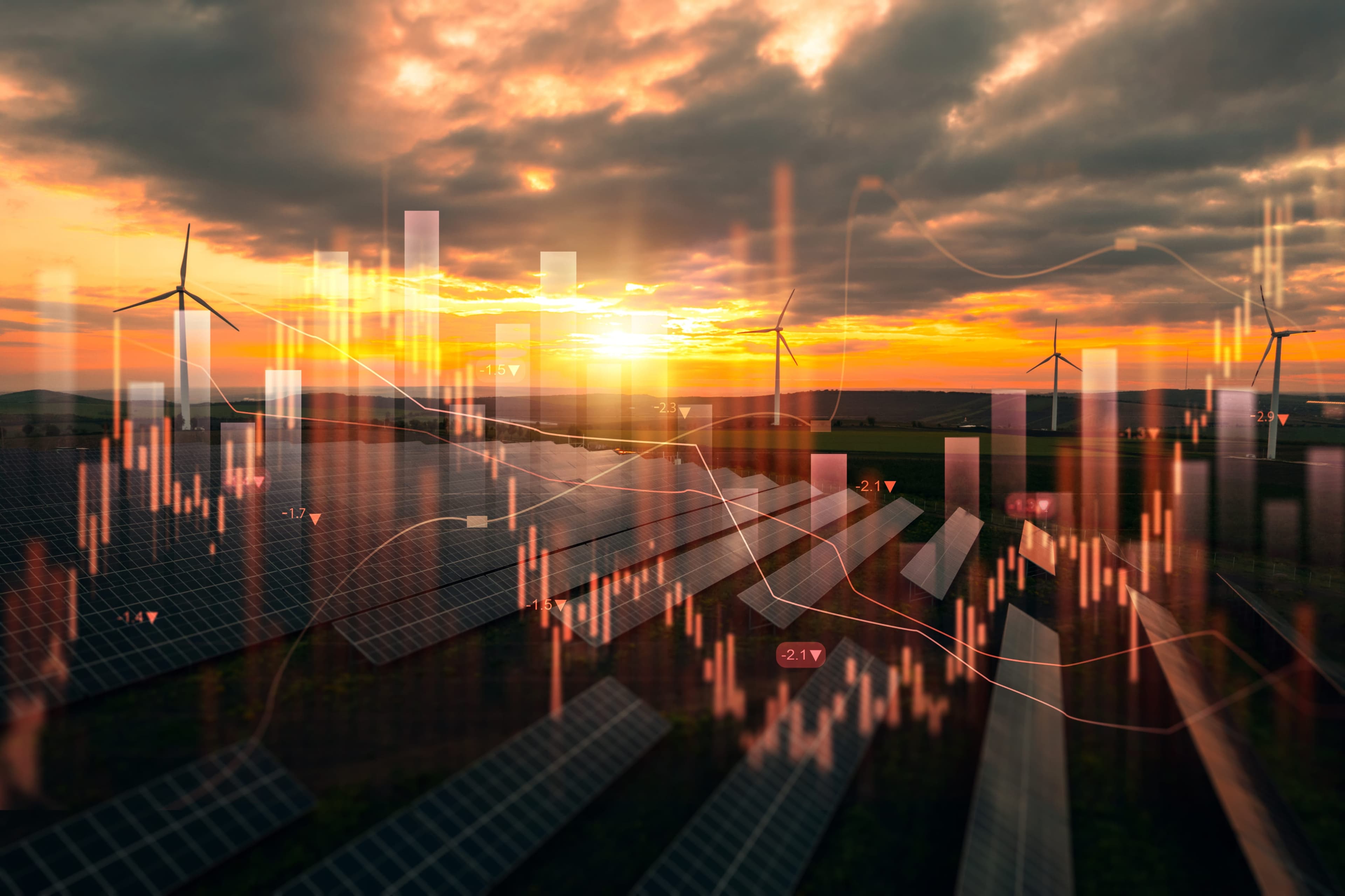 Infraestrutura energética — turbinas eólicas, painéis solares e gráficos de mercado